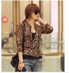 2012 d4074b fashion cool stand collar leopard print all-match long-sleeve chiffon shirt female