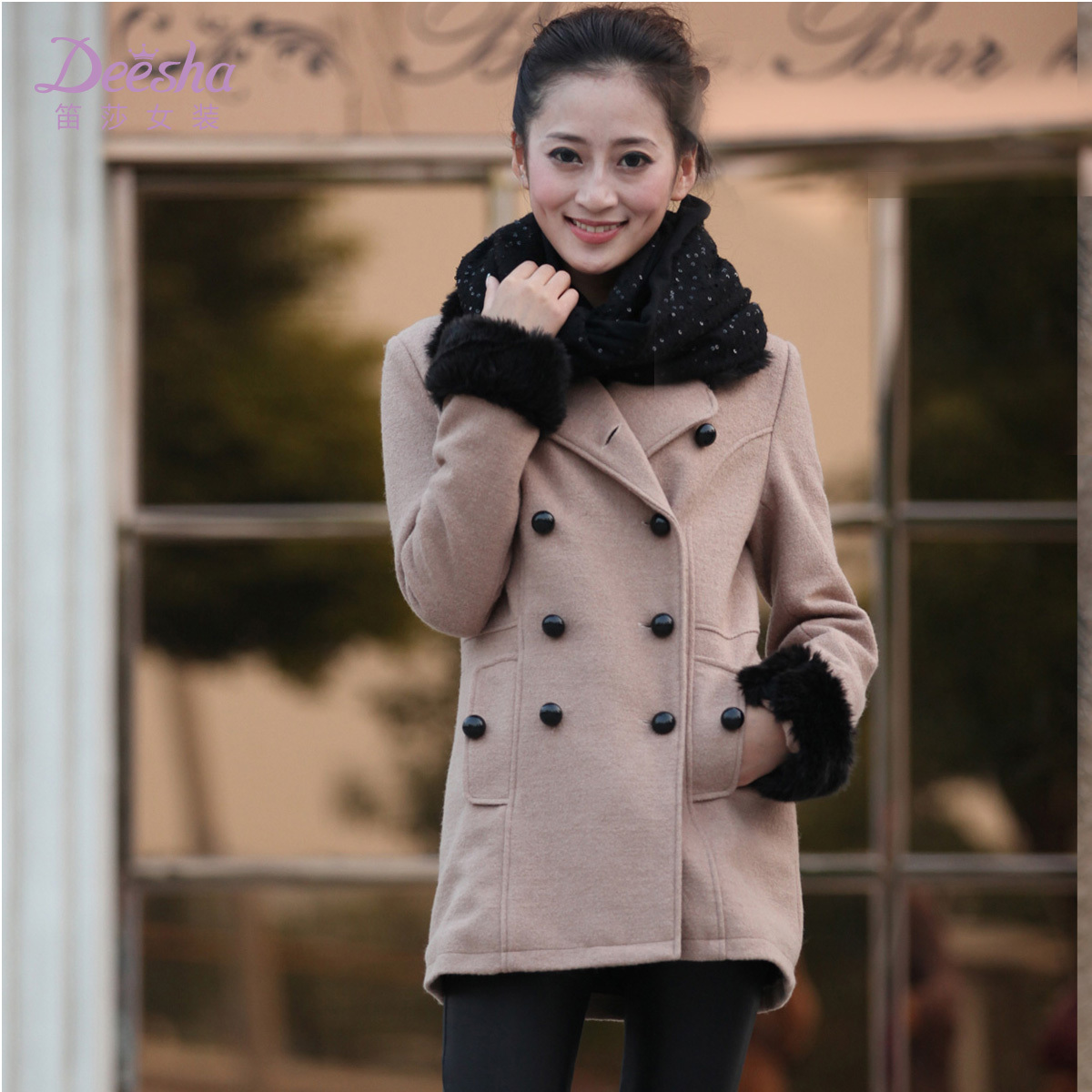 2012 DEESHA women's overcoat outerwear camel fur collar woolen overcoat woolen outerwear 1169210