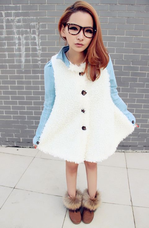 2012 denim patchwork berber fleece loose mantle type long-sleeve top outerwear
