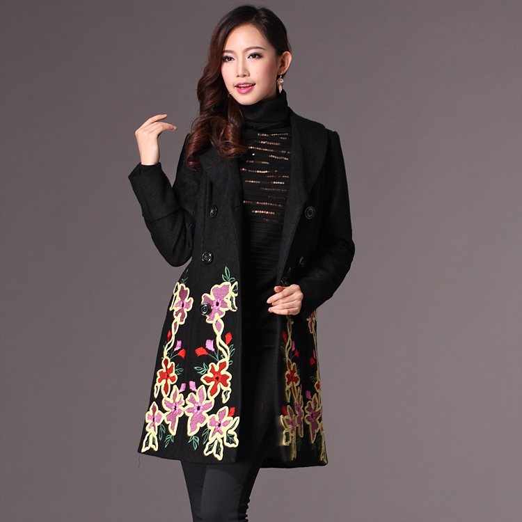 2012 disk flowers handmade embroidery wool outerwear double breasted wool coat wadded jacket cotton-padded jacket free shipping