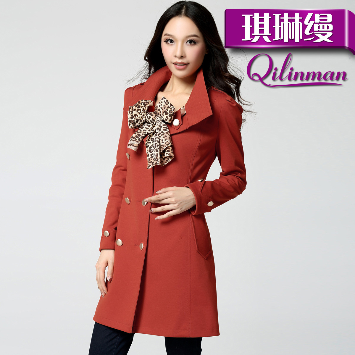 2012 double breasted color medium-long block slim Women overcoat outerwear leopard print scarf 6266