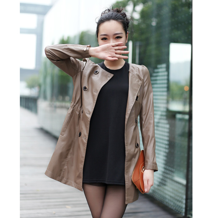 2012 double breasted elastic slim waist medium-long leather trench 3 8815 p110