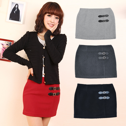 2012 double leather buckle on short skirt small a slim hip skirt basic skirt woolen skirt winter dress