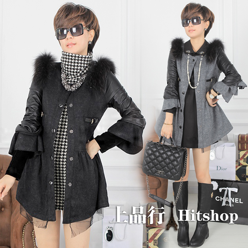 2012 double-shoulder real fur leather folder cotton overcoat woolen outerwear