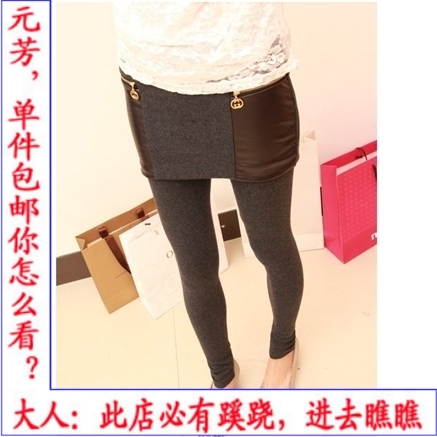 2012 double zipper faux leather patchwork faux two piece culottes legging basic skirt female
