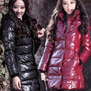 2012 down coat female japanned leather shiny down coat female medium-long