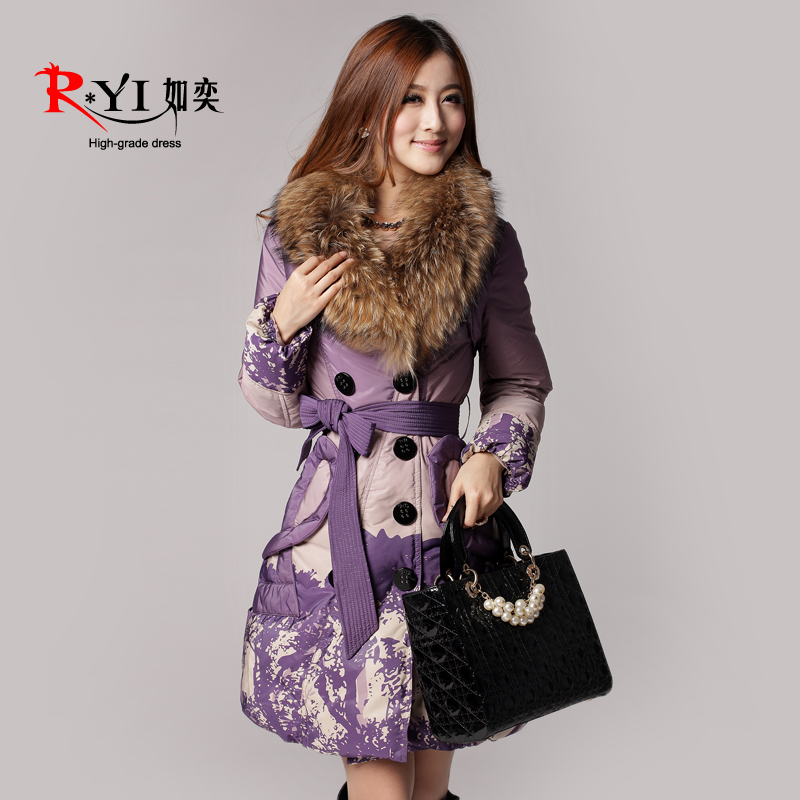 2012 down coat large fur collar down coat female medium-long slim print