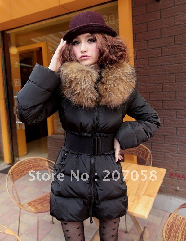 2012 down coat large real Raccoon  fur collar detachable slim medium-long women's down jacket with belt