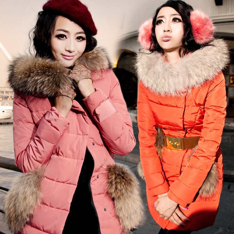 2012 down coat ultralarge raccoon fur hooded medium-long Women down coat down coat
