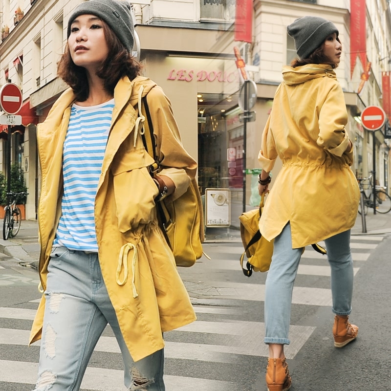2012 drawstring trench Women outerwear spring and autumn fashion with a hood medium-long clothes trench c5289