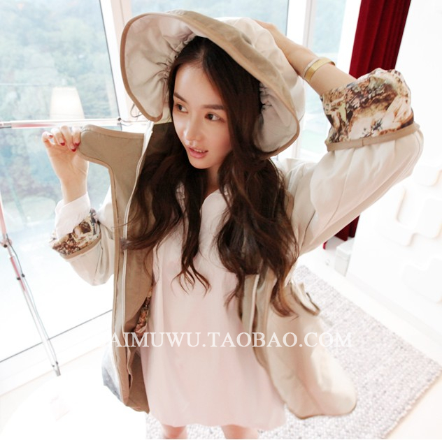 2012 drawstring with a hood color block women's slim trench women's outerwear overcoat female winter