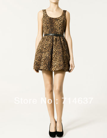 2012 Dress New Sexy Fashion Women's Crew Neck Leopard print Mini Dress free shipping