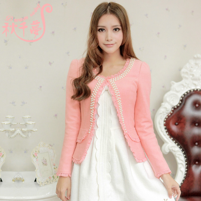 2012 elegant gentlewomen sweet princess wind slim woolen short design beading woolen outerwear female