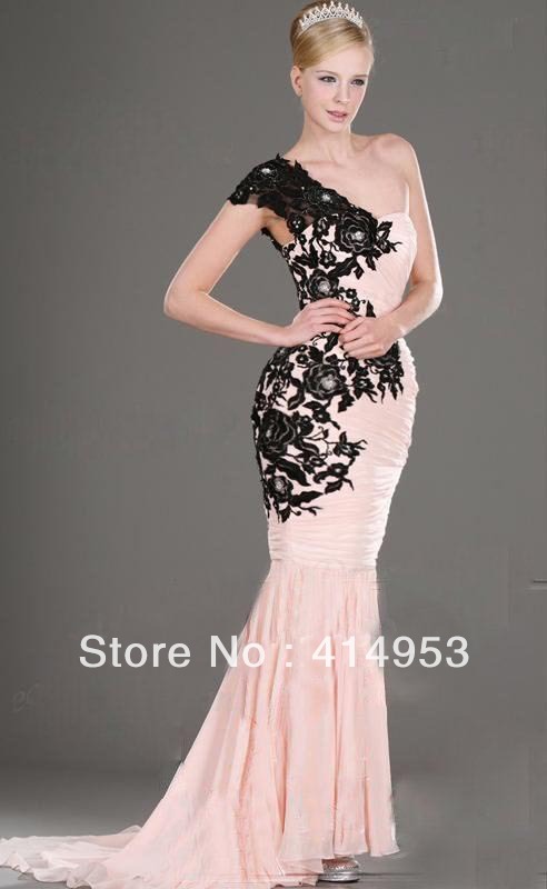 2012 Elegant One Shoulder Black Lace Applique Custom made Pink Chiffon Mermaid Celebrity Dresses