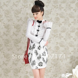2012 elegant Women Brand charming white ruffle black bow all-match shirt OL shirt High quality Size:S-XL #1769