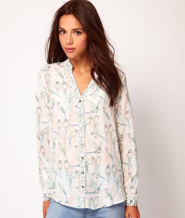 2012 Euro Fashion Parrot Printed Long Sleeve V-neck Chiffon Blouse Shirt For Women, Free Shipping