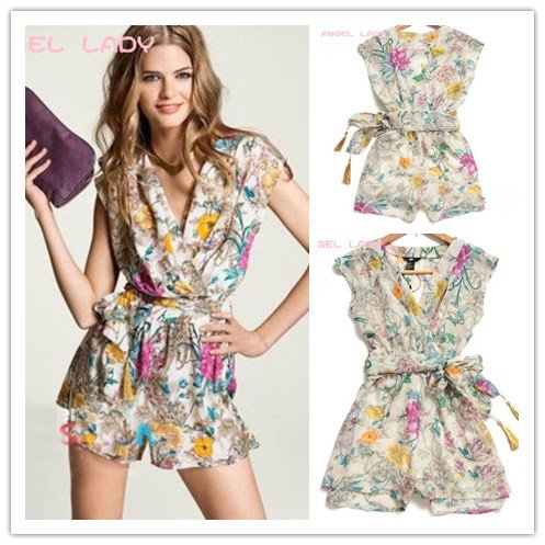 2012 Europe and the United States Chiffon Floral jumpsuit printing deep V-neck piece pants
