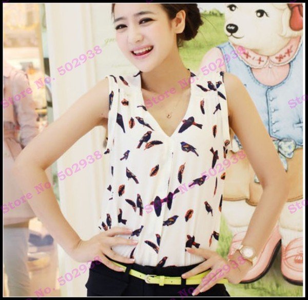 2012 Europe Style/ Chic Ladies V-Neck Shirt Little Birds Print Cuffion Blouse White+34-38/s1007 Freeshipping