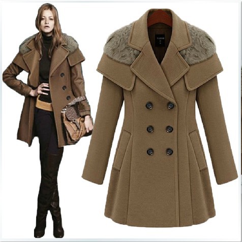 2012 Europe style[NW-38]fashion women's winter woolen long trench, outerwear,jackets double breasted rabbit fur free shipping
