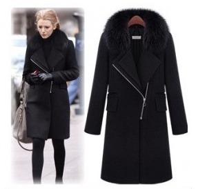 2012 Europe style [YZ089] winter women's fur collar zipper woolen trench, warm outwear, fashion formal overcoat free shipping