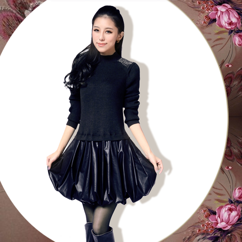 2012 exquisite rhinestones fashion leather mosaic sweep slim sheep wool knitted one-piece dress
