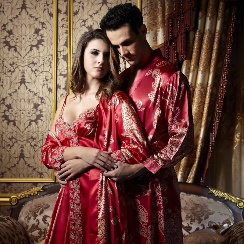 2012 fanny silk nightgown robe faux silk sistance lovers male women's twinset married sleepwear