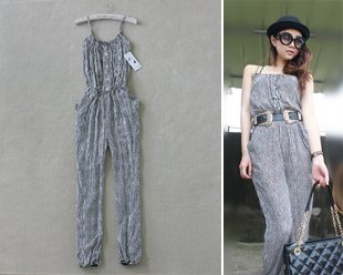 2012 fashion all-match elegant black and white vertical stripe women jumpsuits for women