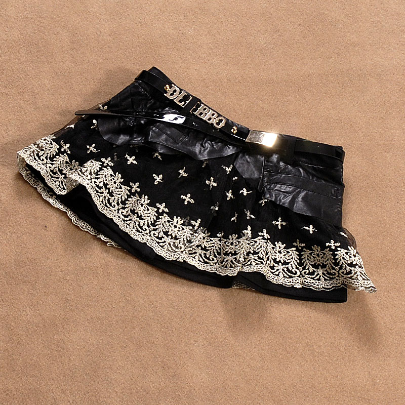 2012 fashion all-match Women miniskirt leather gauze gold thread embroidery flower graphic patterns