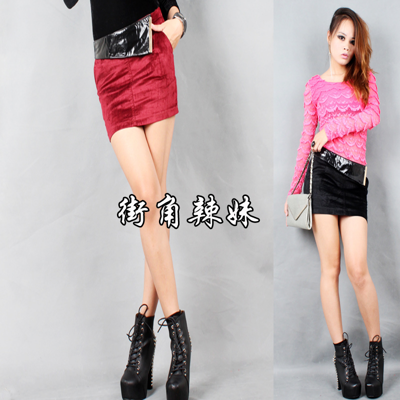 2012 fashion autumn and winter female corduroy patchwork leather belt slim hip short skirt skorts a bust skirt