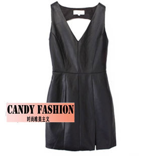 2012 fashion autumn and winter sexy placketing racerback faux PU sleeveless one-piece dress leather skirt