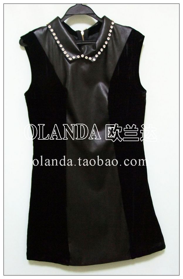 2012 fashion autumn and winter velvet peter pan collar diamond leather skirt sleeveless one-piece dress tank dress 1127