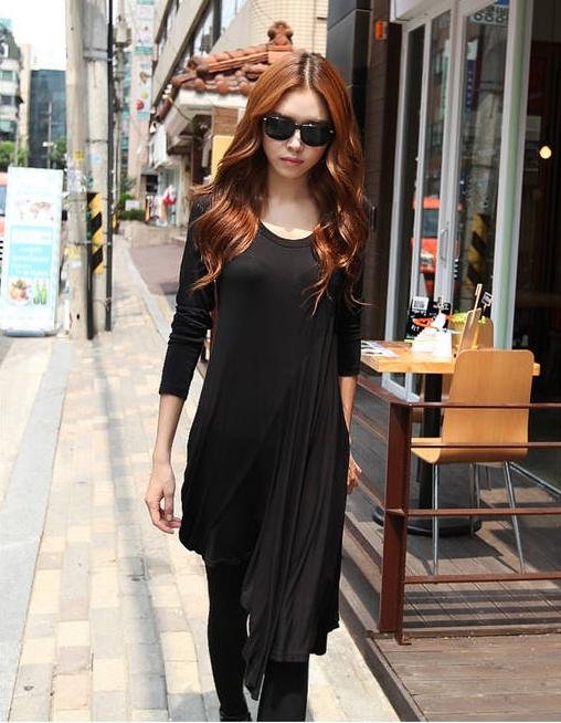 2012 Fashion autumn new Irregular hem width solid casual black women dress lady long t shirt Free shipping! X17193655651
