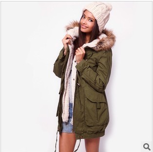 2012 fashion berber fleece liner Army Green with a hood medium-long wadded jacket overcoat 8910