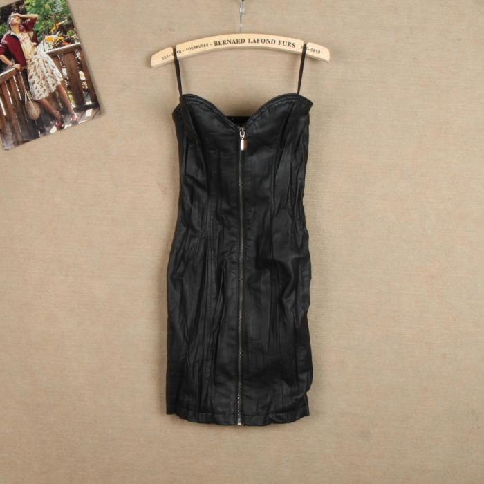 2012 fashion black PU slim hip body shaping tube top full zipper one-piece dress tube top dress leather skirt