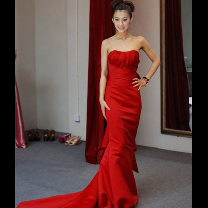 2012 fashion bow short trailing fish tail red long formal dress fashion formal dress