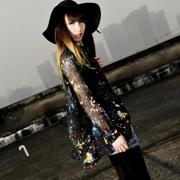 2012 fashion chiffon long-sleeve women's tees/shirts/blouse Loose star cluster tops A321