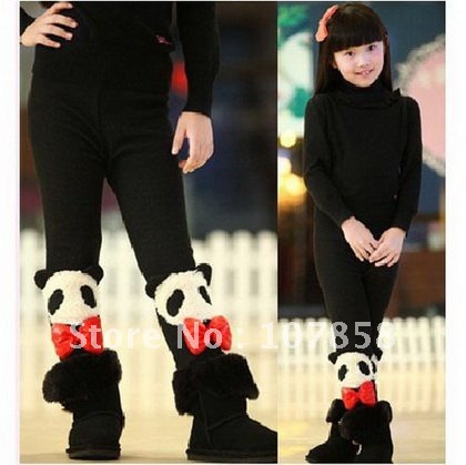 2012 Fashion Children's pants Girls plus velvet Giant panda bowknot Thicken Leggings Girl trousers Feet Boots pant