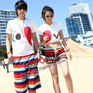 2012 fashion color stripe beach shorts pants hot-selling lovers beach pants shorts
