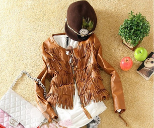 2012 fashion cool vintage punk short design tassel leather clothing outerwear