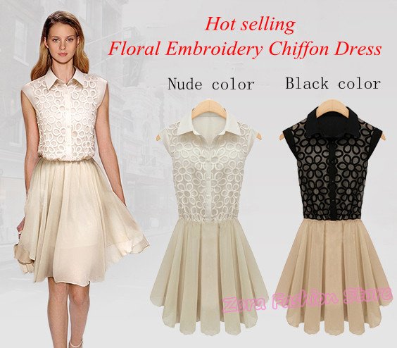 2012 Fashion Cute Preppy Floral Embroidery Pleated Chiffon Lace Plus Size Dress,Hot Collar Sleeveless Beige Black Summer Dresses