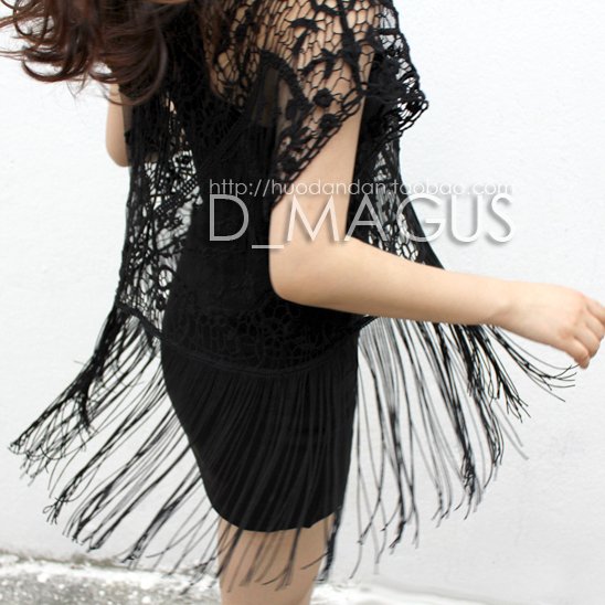 2012 fashion dan crochet lace cutout shirt tassel loose batwing sleeve sweater lace jean dress