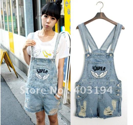 2012 fashion distrressed print denim shorts bib pants jumpsuit plus size bib overalls