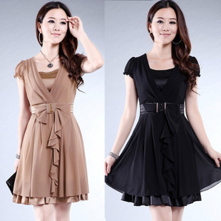 2012 fashion dress summer women's slim plus size chiffon pink ,coffee,black  women dress free shipping