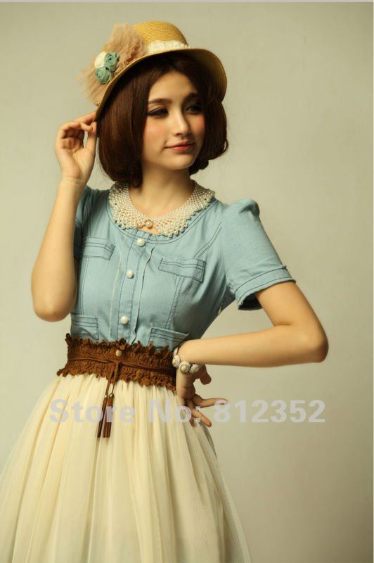 2012 Fashion Dresses Women short sleeve Vintage Jean Denim Mini Dress Retro Blue Tops for ladies White Skirt + belt mix order-7%