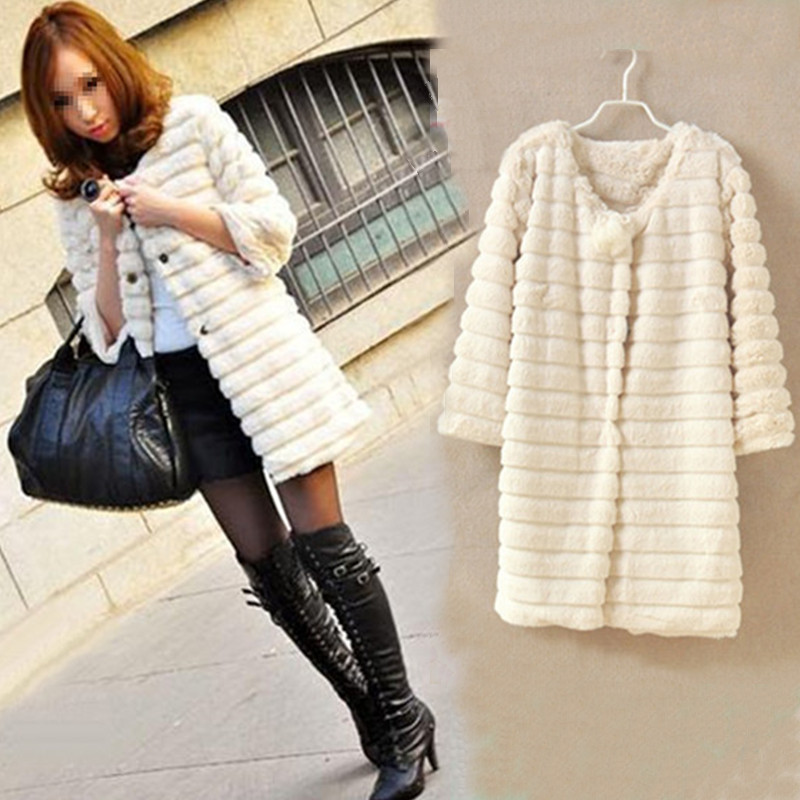 2012 Fashion Faux fur coat three quarter sleeve medium-long pure white lovely overcoat free shipping