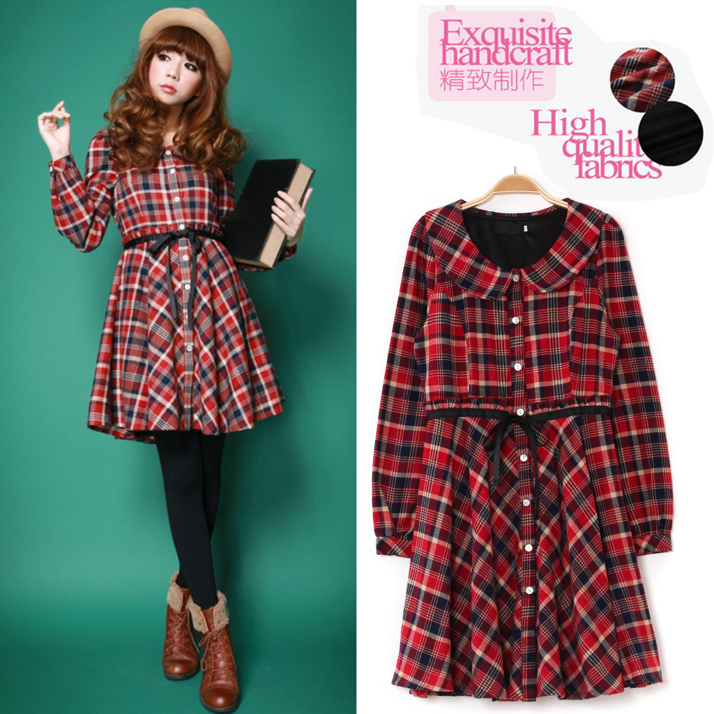 2012 fashion flannel sweet vintage peter pan collar red plaid slim waist one-piece dress