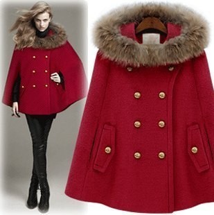 2012 Fashion fur collar poncho with a hood overcoat outerwear red meters camel/wool/blends/trench/outwear 1pc shipping free