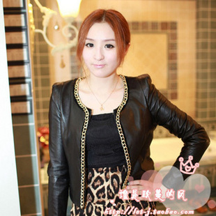 2012 fashion genuine leather sheepskin female chain shoulder pads short design black leather clothing outerwear asuka