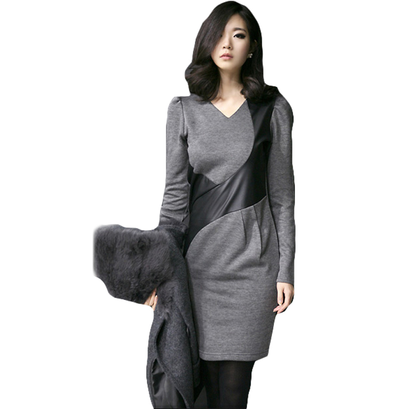 2012 fashion grey colorant match leather V-neck long-sleeve dress 12111