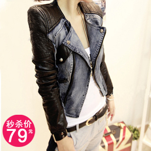 2012 fashion handsome patchwork rivets slim motorcycle jacket denim leather coat female